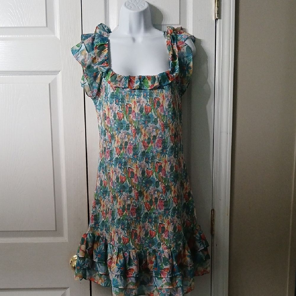 ASTR The Label Green Pink Blue Floral Smocked Dress Flutter Sleeve Sz XL NWOT